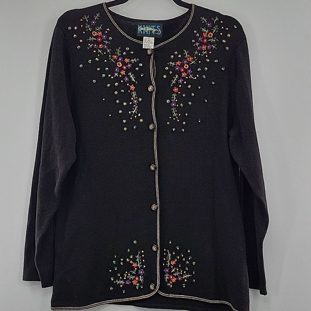 3 For$20 knits Black button down sweater w/ multi color design size S